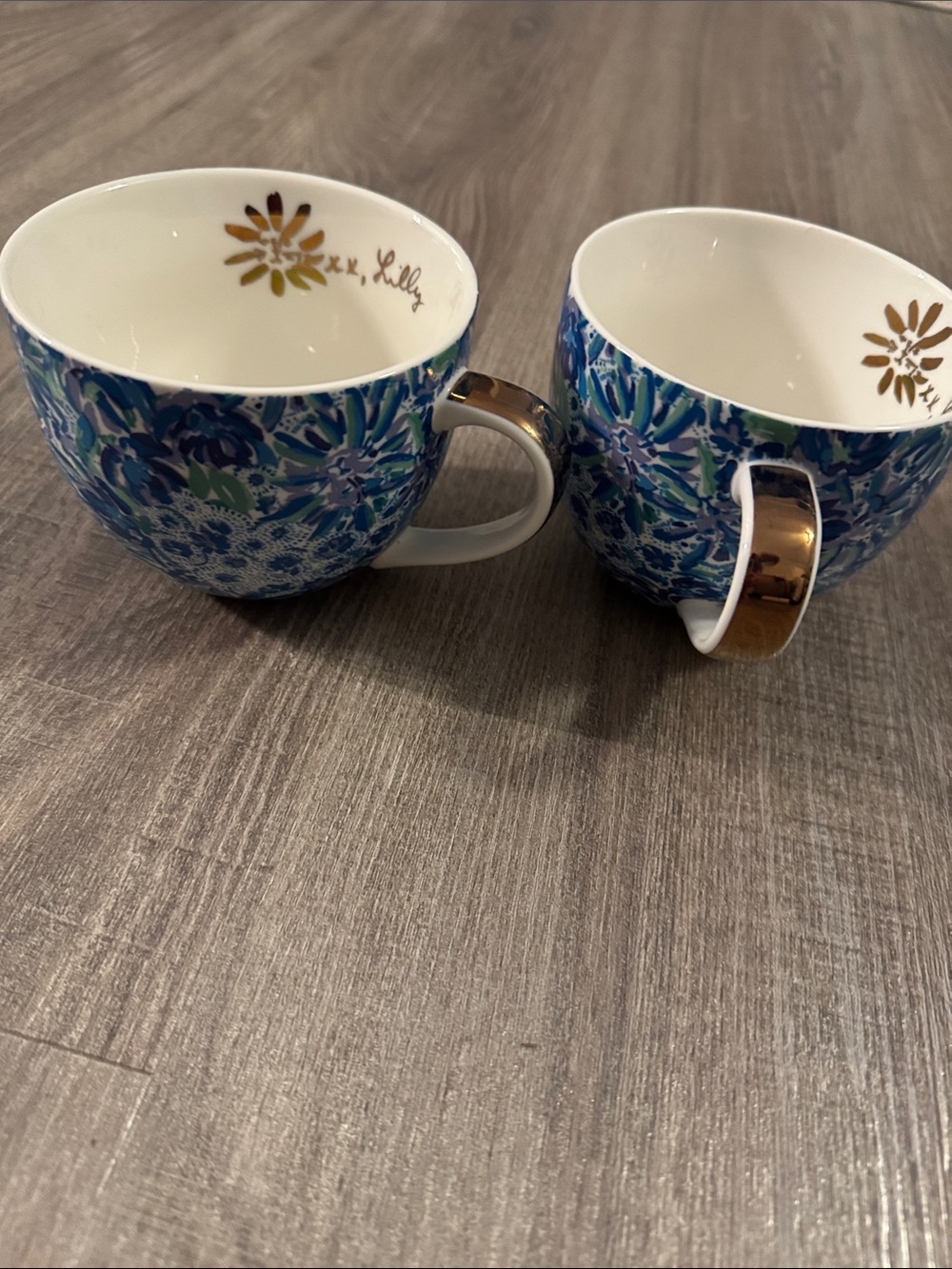 Lilly Pulitzer Blue and Green Floral Porcelain Mugs with Gold Handles